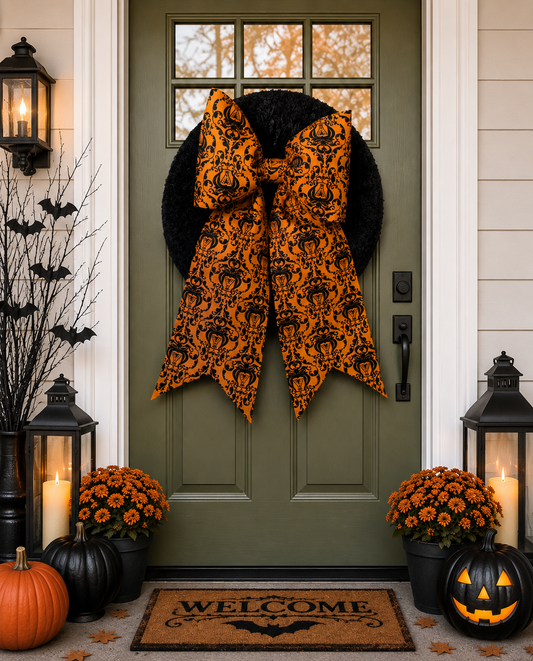 Halloween Damask Fabric Bow for wreaths,  Doors and Decor Halloween