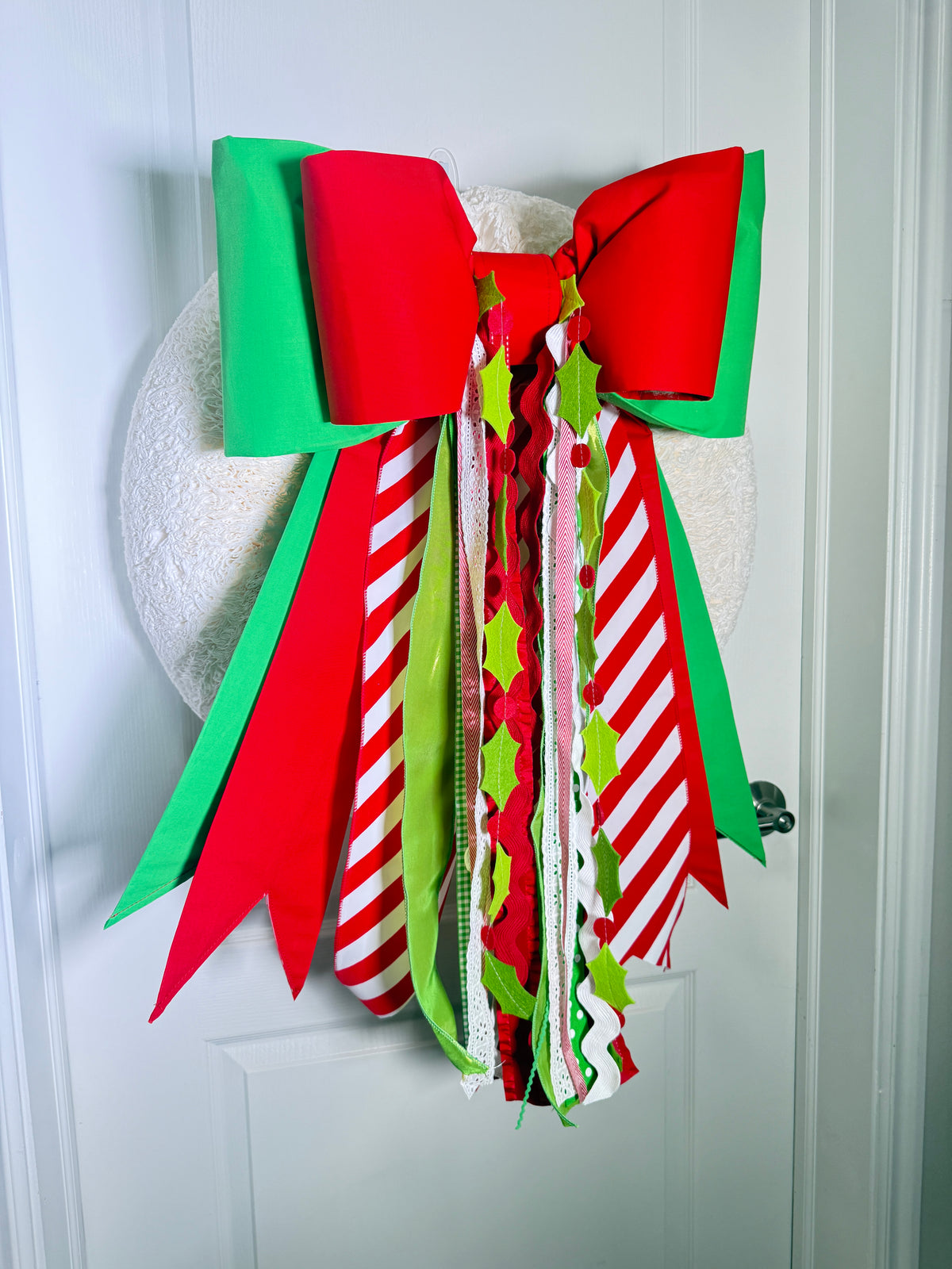 Holly Jolly Double Christmas Bow with Ribbons & Felt Holly Garland | 21” × 27”