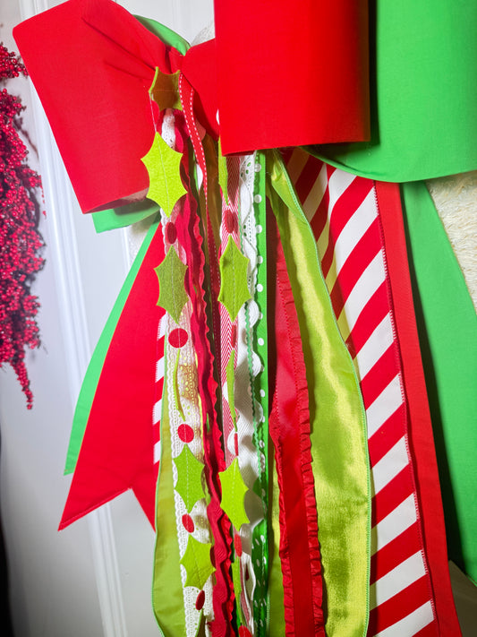 Holly Jolly Double Christmas Bow with Ribbons & Felt Holly Garland | 21” × 27”