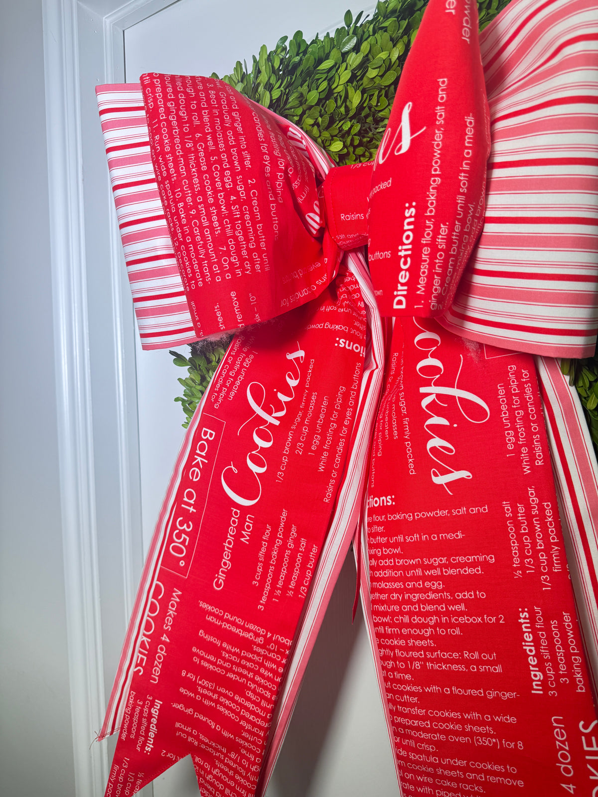 Christmas Cookie Recipe Double Bow | Red & Pink Striped Holiday Wreath Bow | Handmade Cotton Fabric Christmas Decor