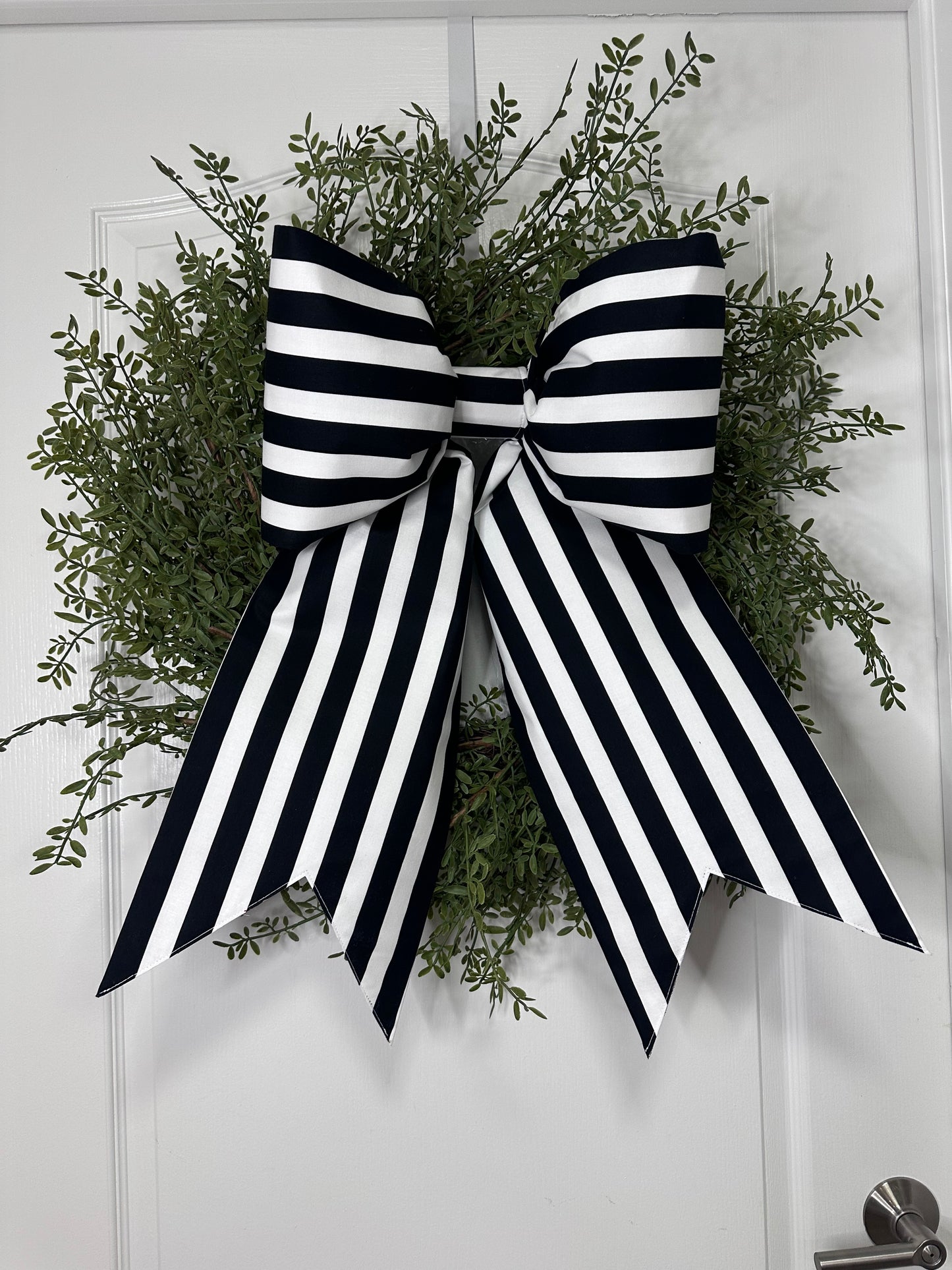 Grand Size black and white striped fabric bow with stiff interfacing for long lasting durability 