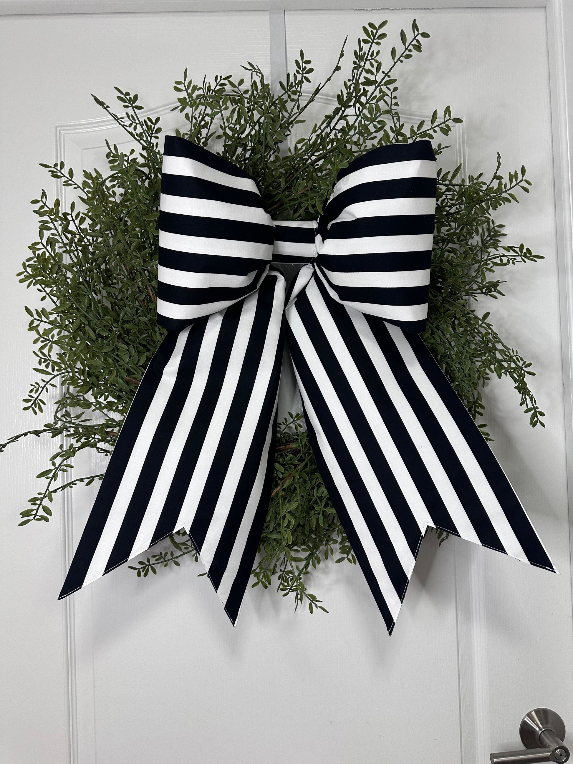 Grand Size black and white striped fabric bow with stiff interfacing for long lasting durability 