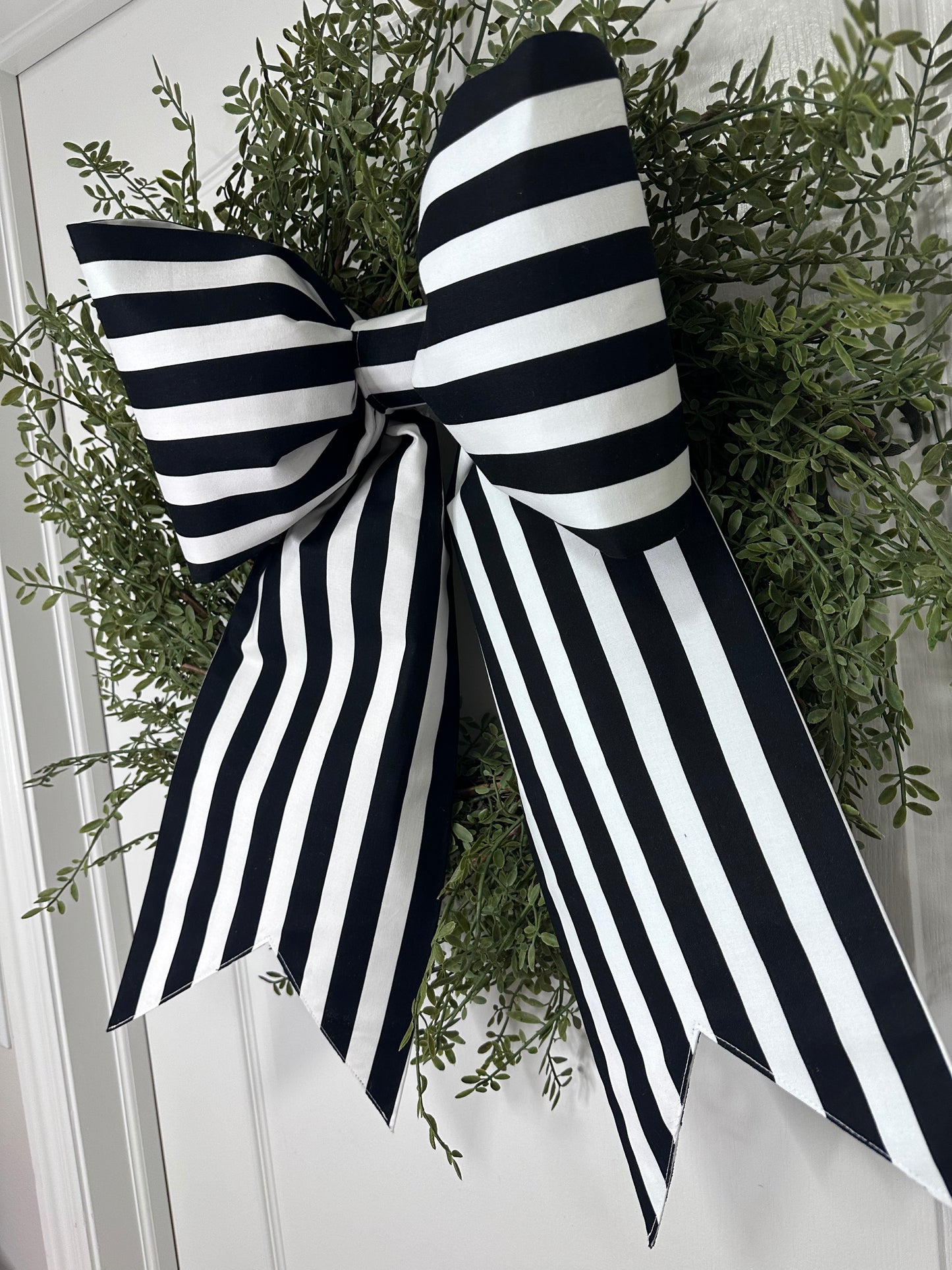 Grand Size black and white striped fabric bow with stiff interfacing for long lasting durability 