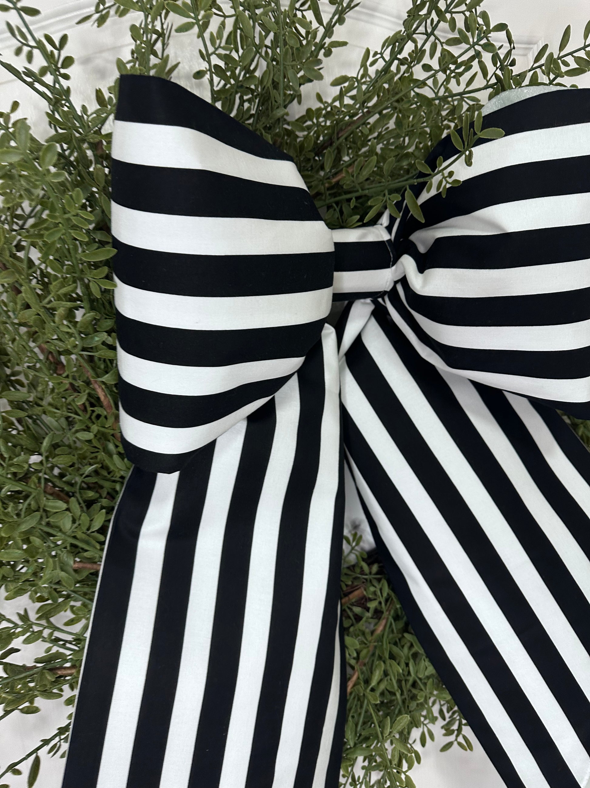 Grand Size black and white striped fabric bow with stiff interfacing for long lasting durability 