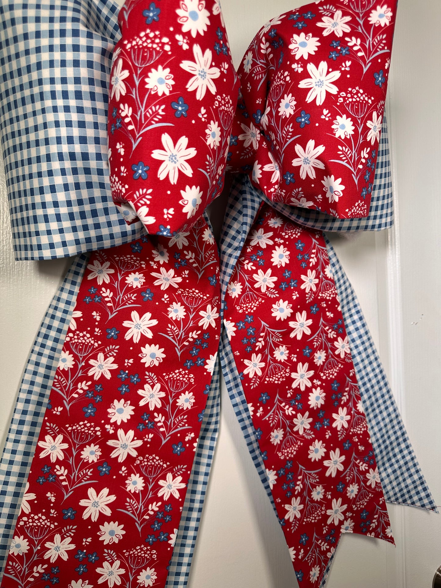 Blue Gingham & Red Floral Double Bow
