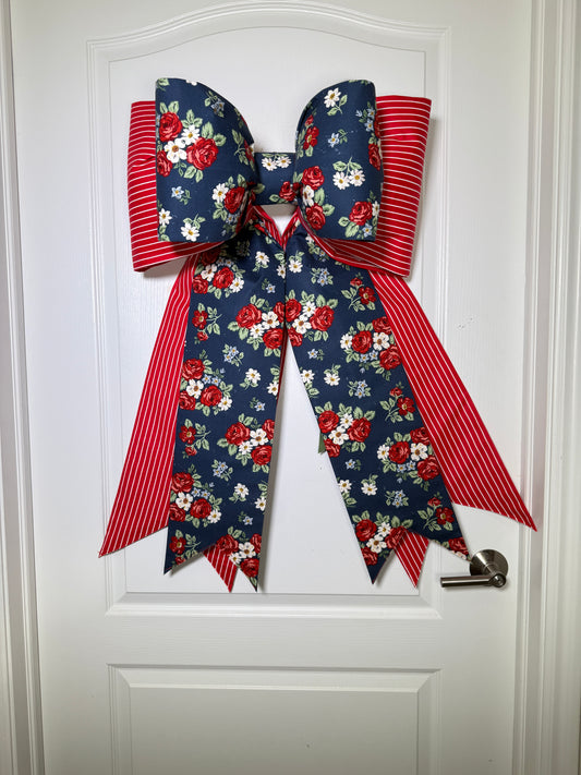 Navy Floral & Pinstripe Double Bow