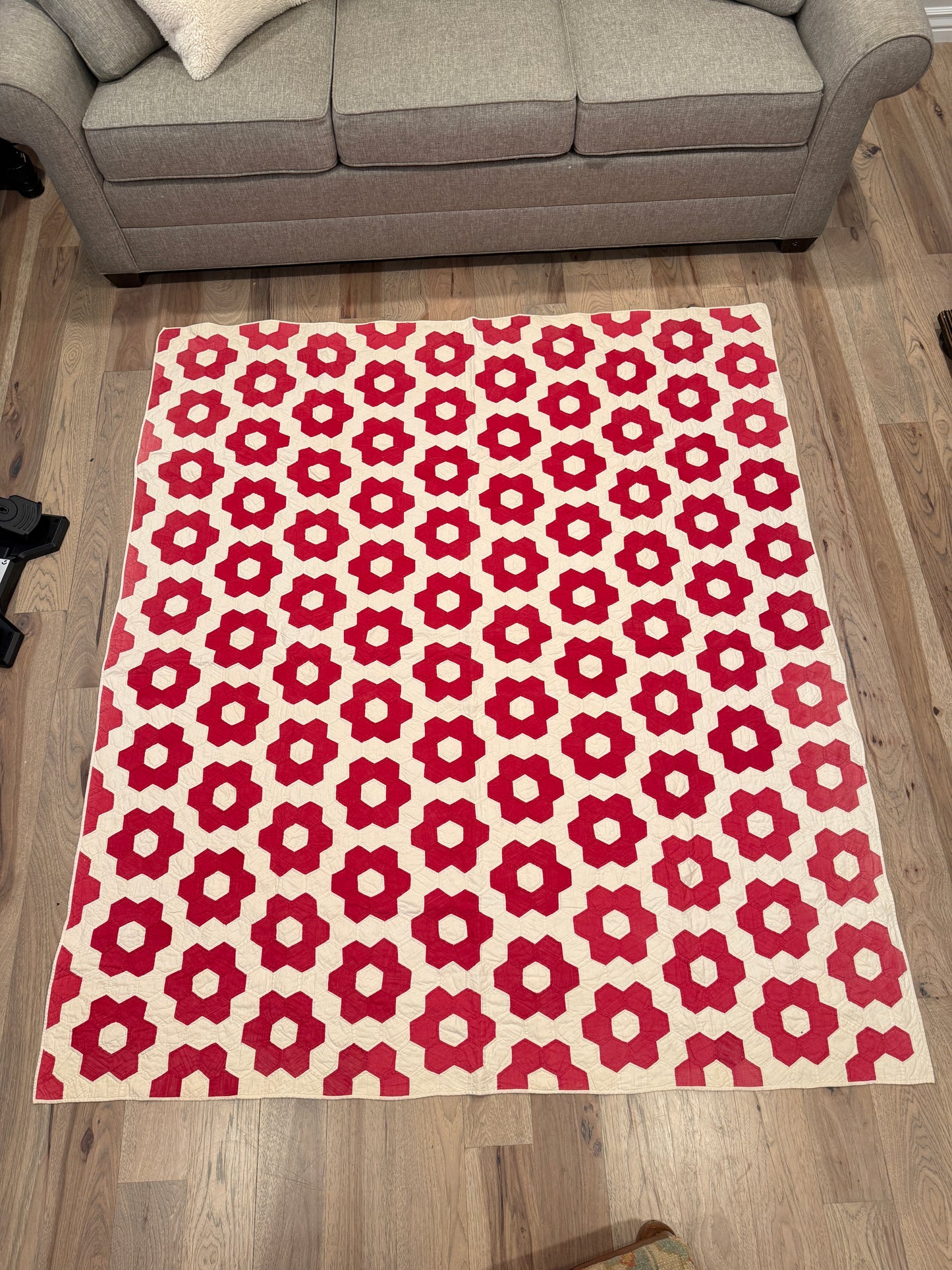 Red Mosaic Hexagon Quilt 77” x 70” Vintage Hand Pieced & Hand Quilted