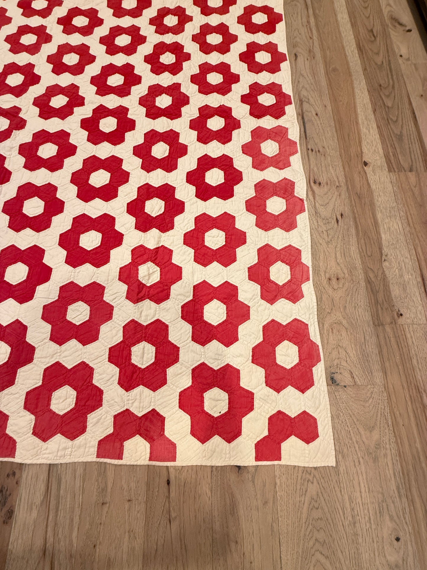 Red Mosaic Hexagon Quilt 77” x 70” Vintage Hand Pieced & Hand Quilted