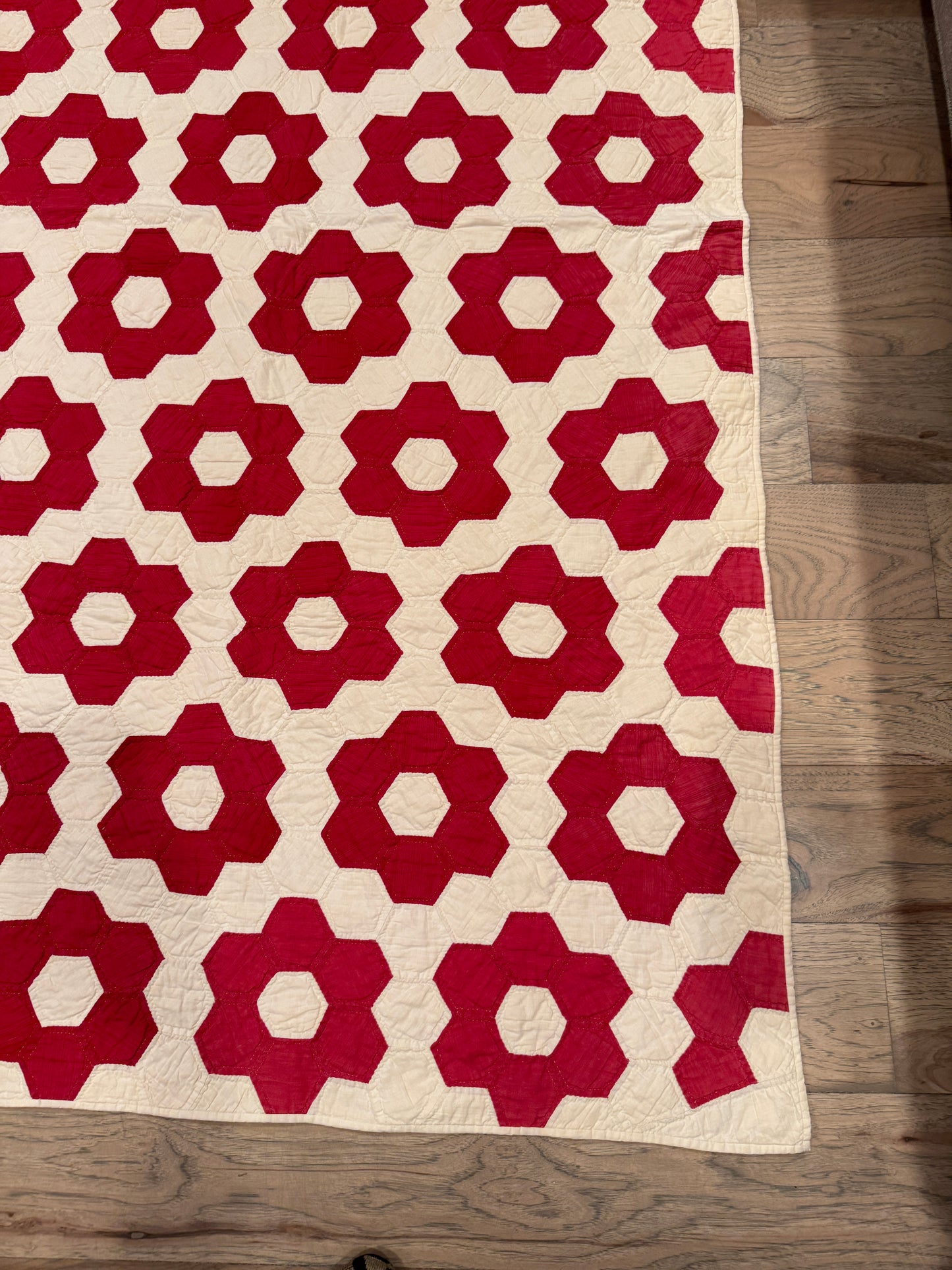 Red Mosaic Hexagon Quilt 77” x 70” Vintage Hand Pieced & Hand Quilted