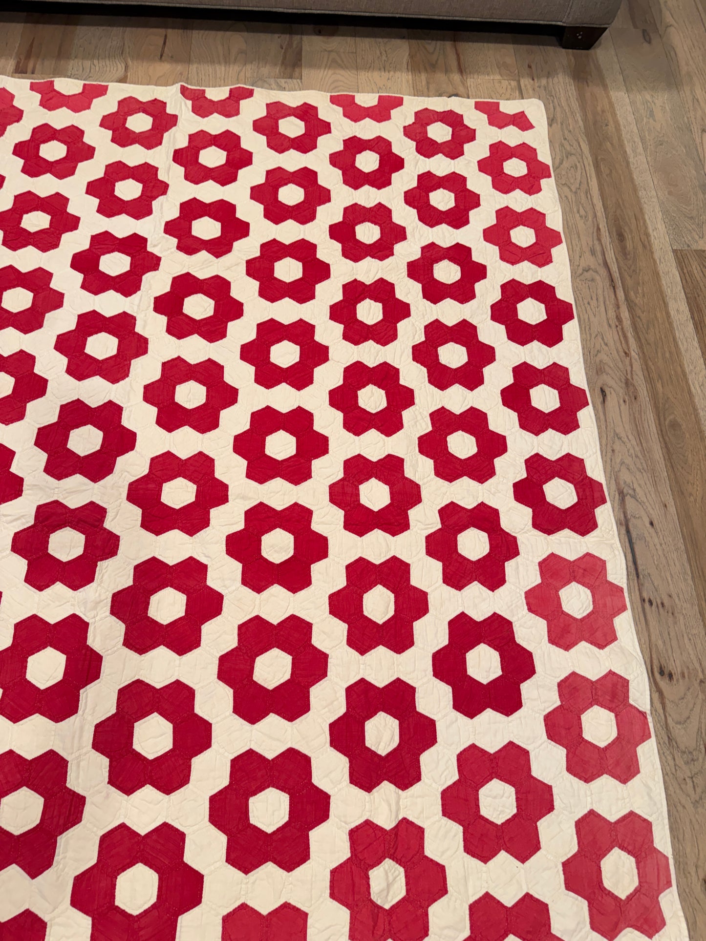 Red Mosaic Hexagon Quilt 77” x 70” Vintage Hand Pieced & Hand Quilted