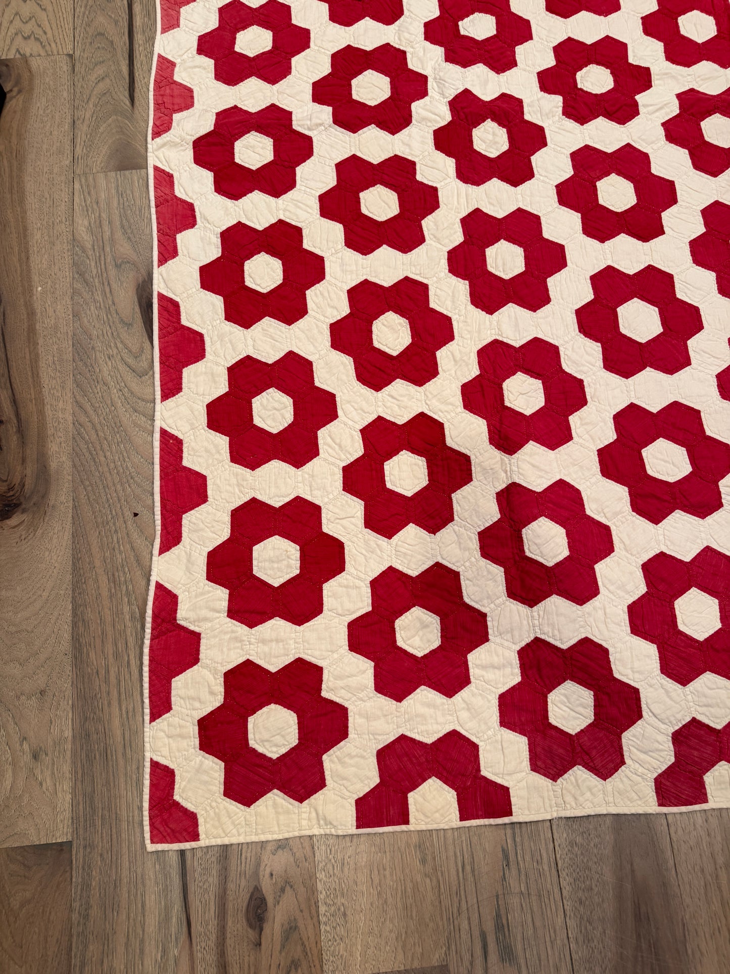 Red Mosaic Hexagon Quilt 77” x 70” Vintage Hand Pieced & Hand Quilted