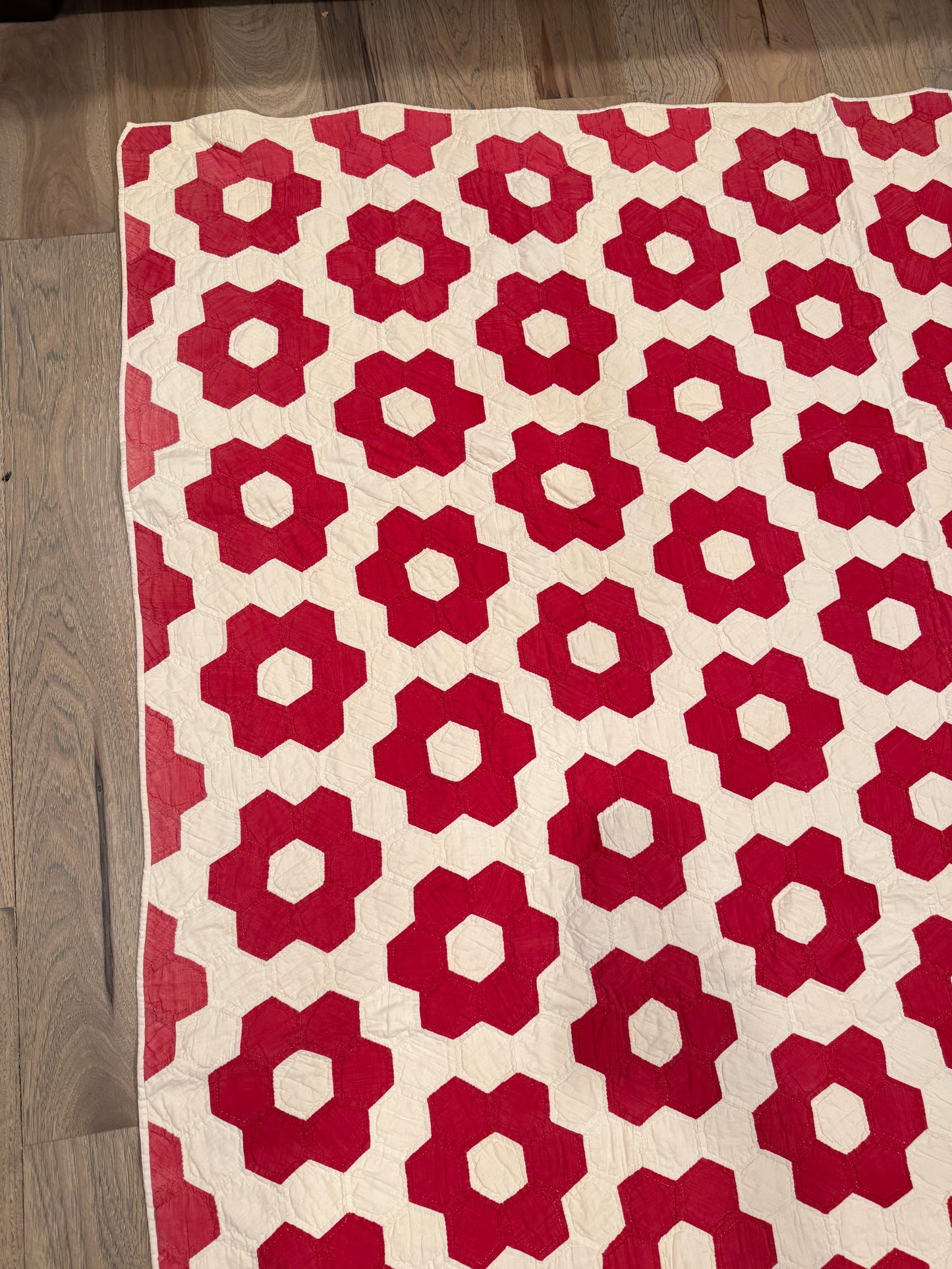 Red Mosaic Hexagon Quilt 77” x 70” Vintage Hand Pieced & Hand Quilted