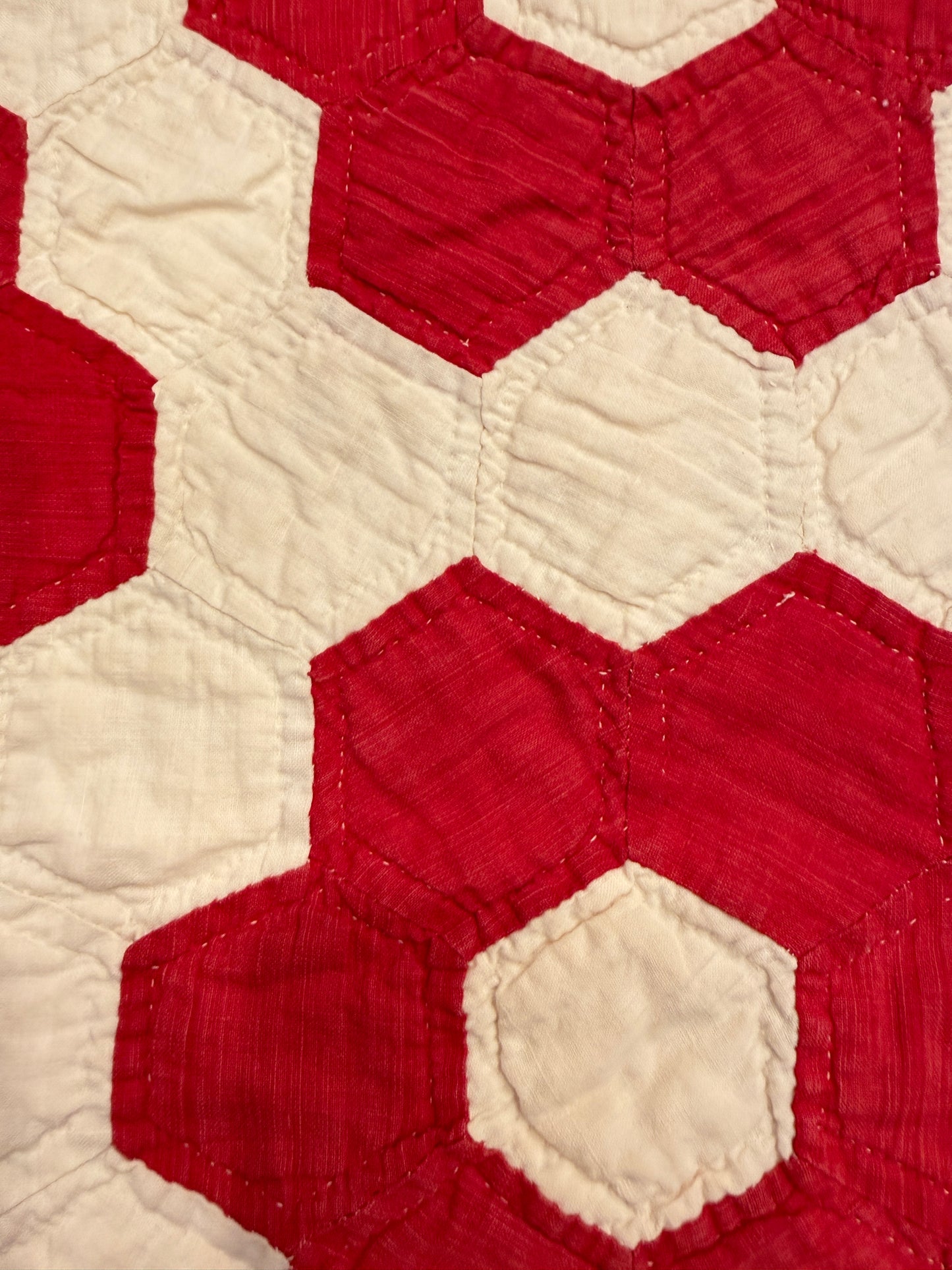 Red Mosaic Hexagon Quilt 77” x 70” Vintage Hand Pieced & Hand Quilted