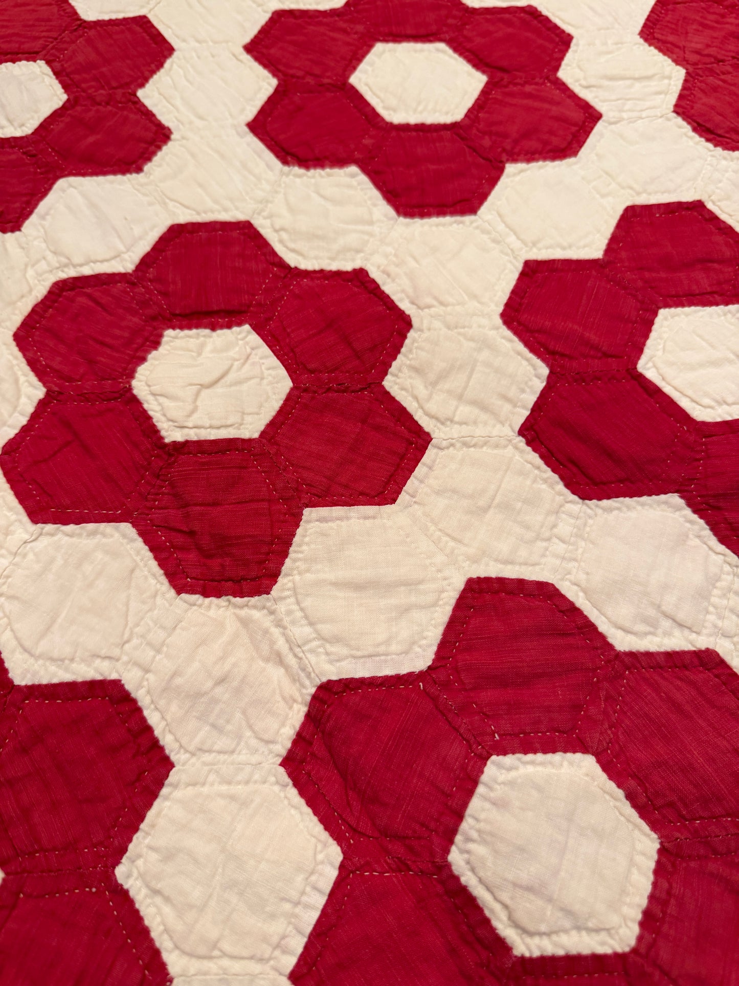 Red Mosaic Hexagon Quilt 77” x 70” Vintage Hand Pieced & Hand Quilted