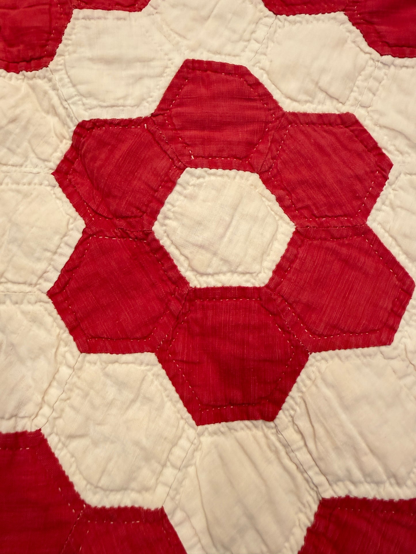 Red Mosaic Hexagon Quilt 77” x 70” Vintage Hand Pieced & Hand Quilted