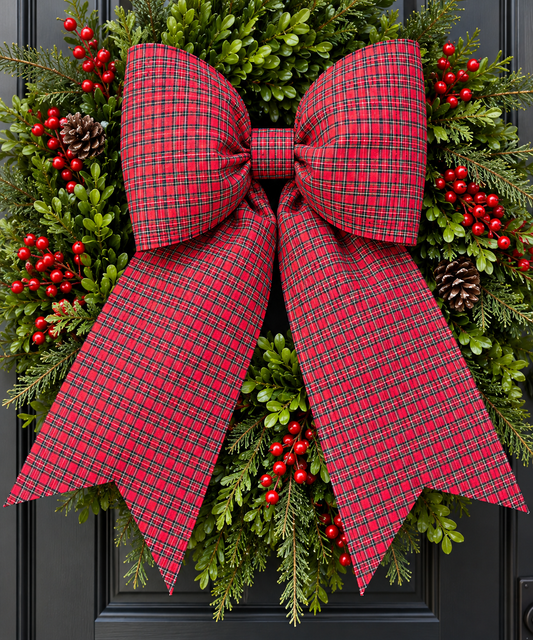 Red & White Gingham Christmas Bow | Handmade Cotton Fabric Wreath Bow | Farmhouse Front Door Decor