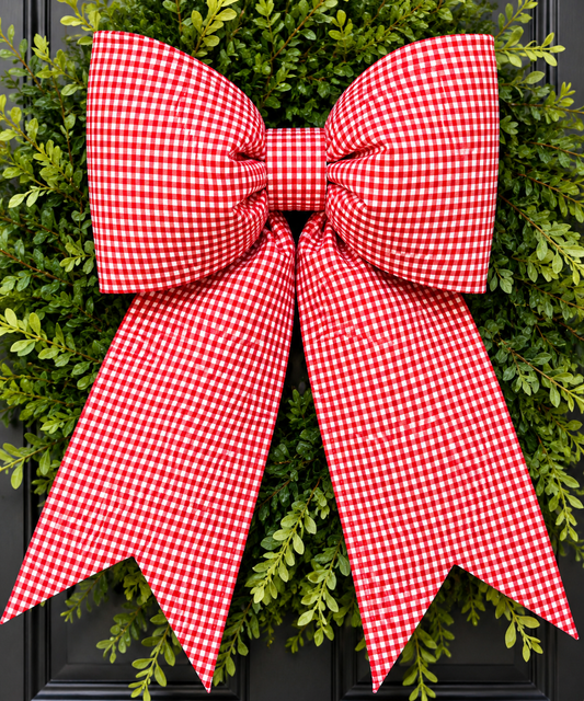Red & White Gingham Christmas Bow | Handmade Cotton Fabric Wreath Bow | Farmhouse Front Door Decor