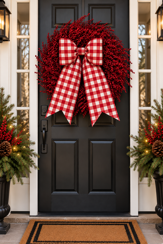 Red & White Buffalo Check Bow | Handmade Cotton Fabric Christmas Wreath Bow