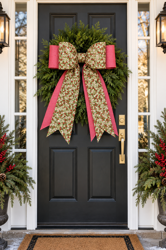 Christmas Berry Floral Double fabric Bow – Holiday Wreath, Door & Tree Topper Bow
