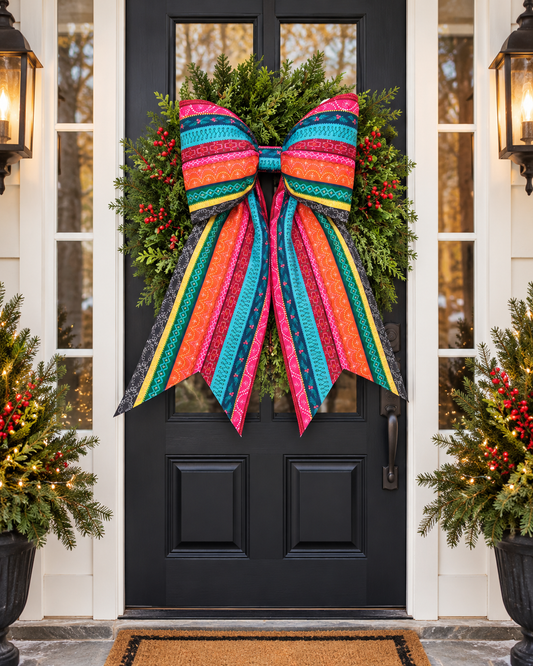 Candy Cane Christmas Ribbon Bow | Colorful Handmade Cotton Fabric Wreath Bow | Oversized Holiday Door Decor