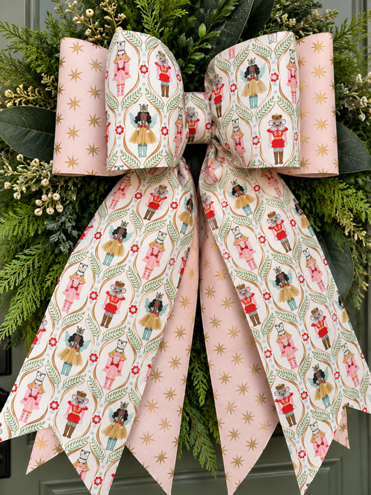 Nutcracker Christmas Double Bow | Pink & Gold Holiday Decor