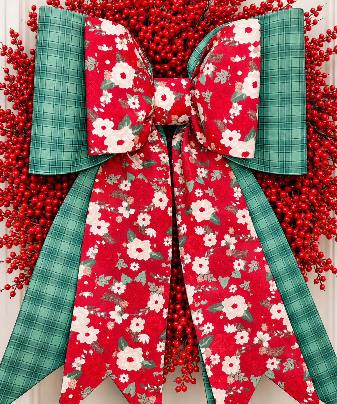 Christmas Rose & Evergreen Plaid Bow | Oversized Handmade Christmas Wreath Bow | Double Mega & Grand