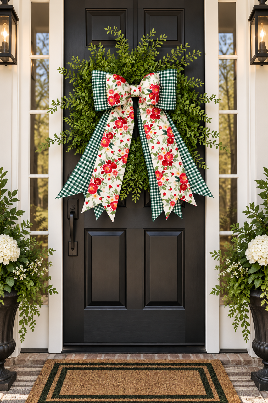 Handmade Green Gingham & Red Floral Christmas Bow - Holiday Decor