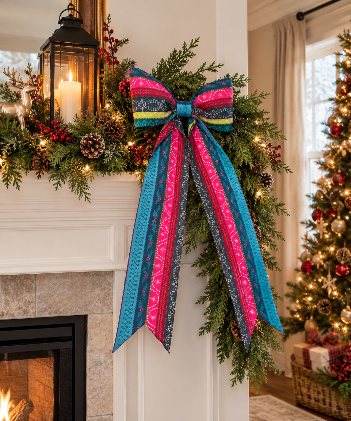 Candy Cane Christmas Ribbon Bow | Colorful Handmade Cotton Fabric Wreath Bow | Oversized Holiday Door Decor