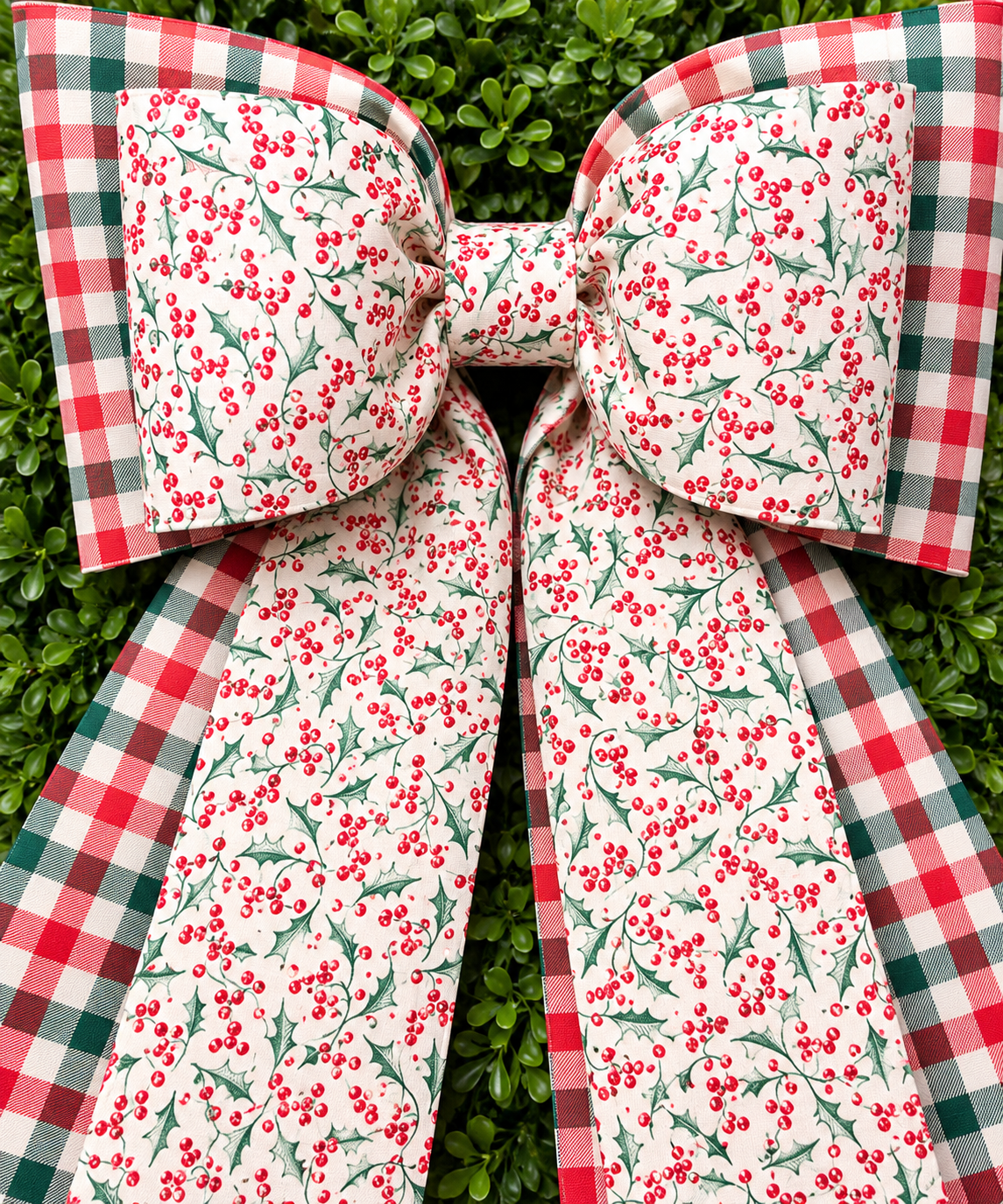 Christmas Holly & Plaid Double Mega Bow | Oversized Handmade Christmas Wreath Bow | 24” × 32”