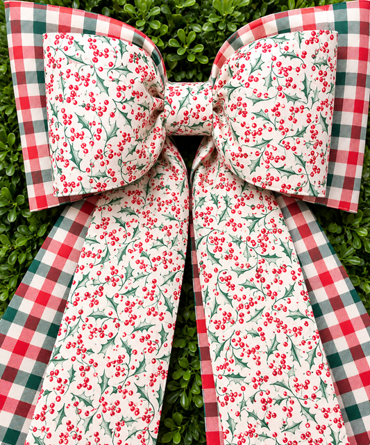 Christmas Holly & Plaid Double Mega Bow | Oversized Handmade Christmas Wreath Bow | 24” × 32”