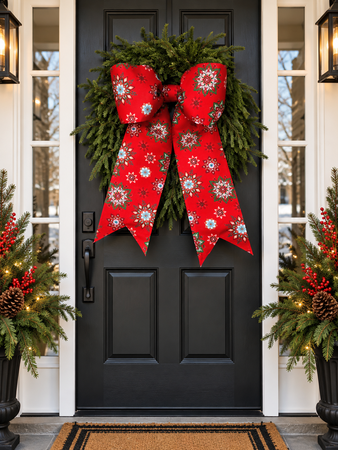 Cream Christmas Snowflake Bow | Handmade Cotton Fabric Wreath Bow | Optional Coordinating Ribbons