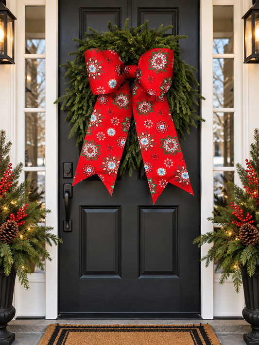 Red Christmas Snowflake Bow | Handmade Cotton Fabric Wreath Bow | Optional Coordinating Ribbons