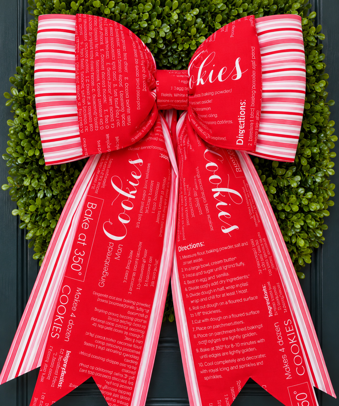 Christmas Cookie Recipe Double Bow | Red & Pink Striped Holiday Wreath Bow | Handmade Cotton Fabric Christmas Decor