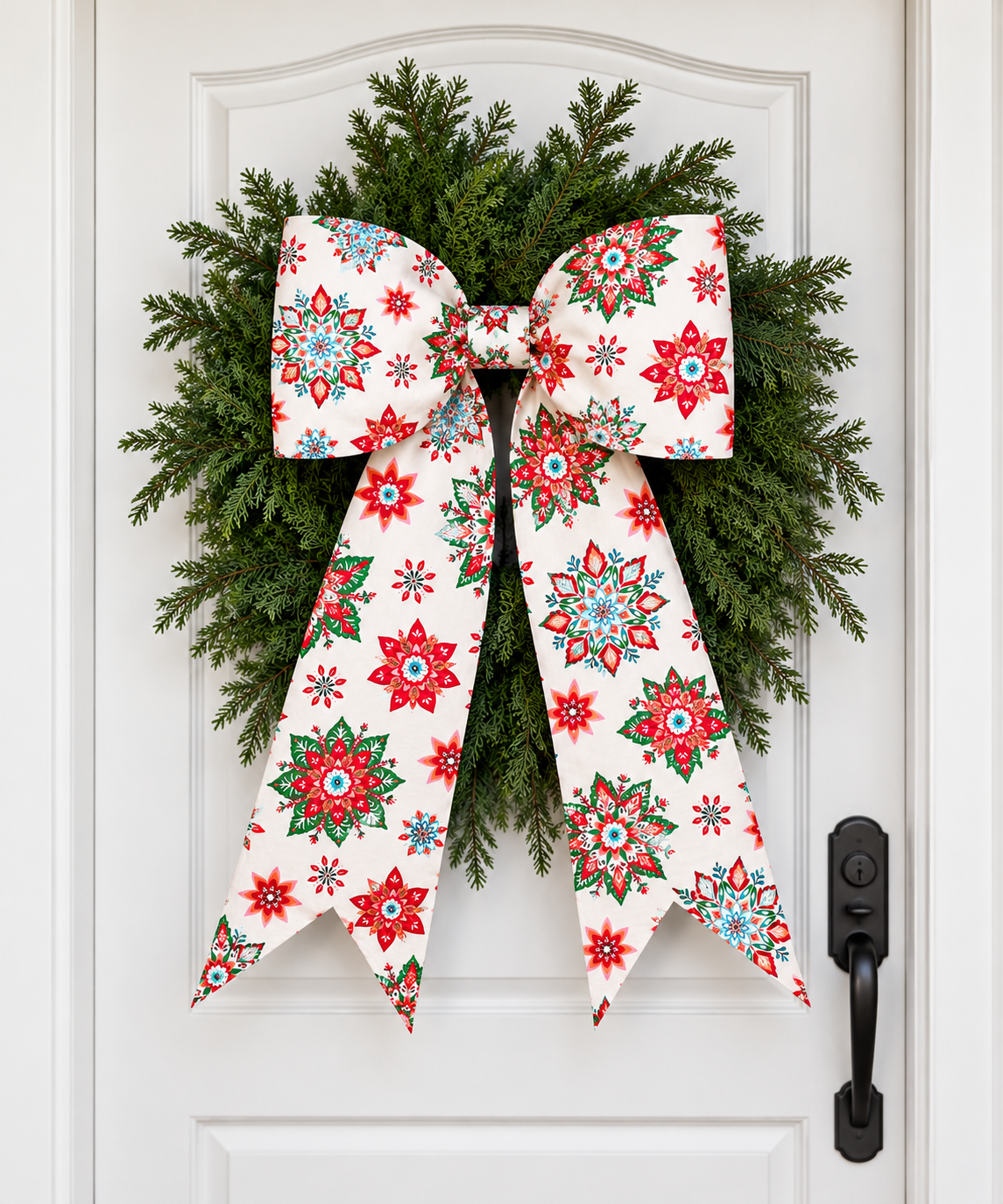 Cream Christmas Snowflake Bow | Handmade Cotton Fabric Wreath Bow | Optional Coordinating Ribbons