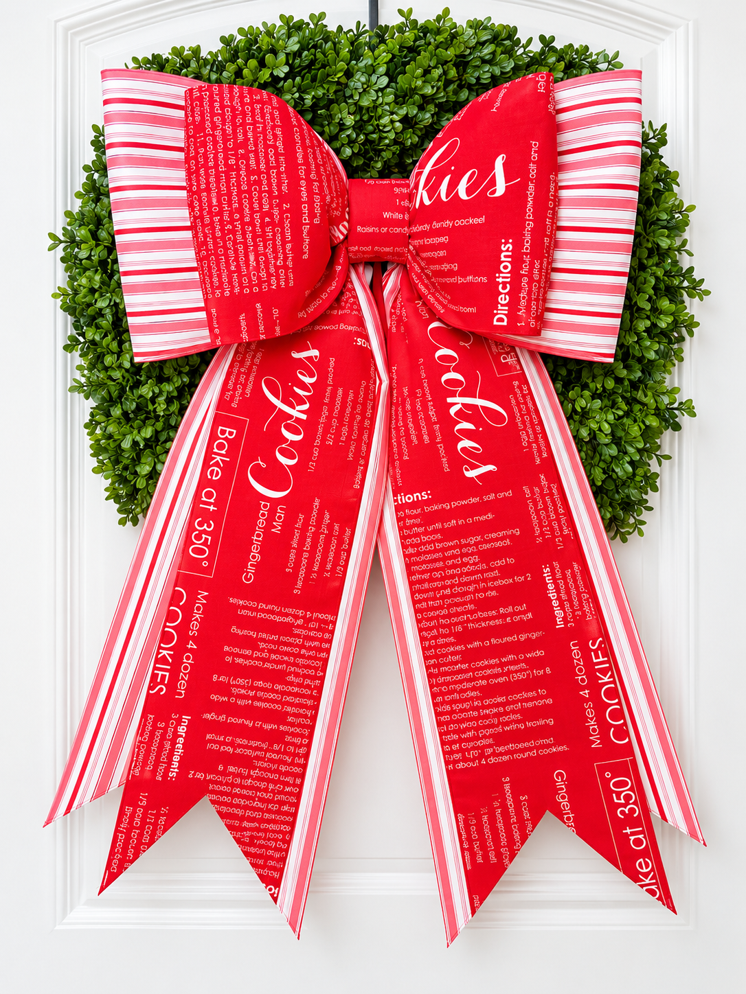 Christmas Cookie Recipe Double Bow | Red & Pink Striped Holiday Wreath Bow | Handmade Cotton Fabric Christmas Decor