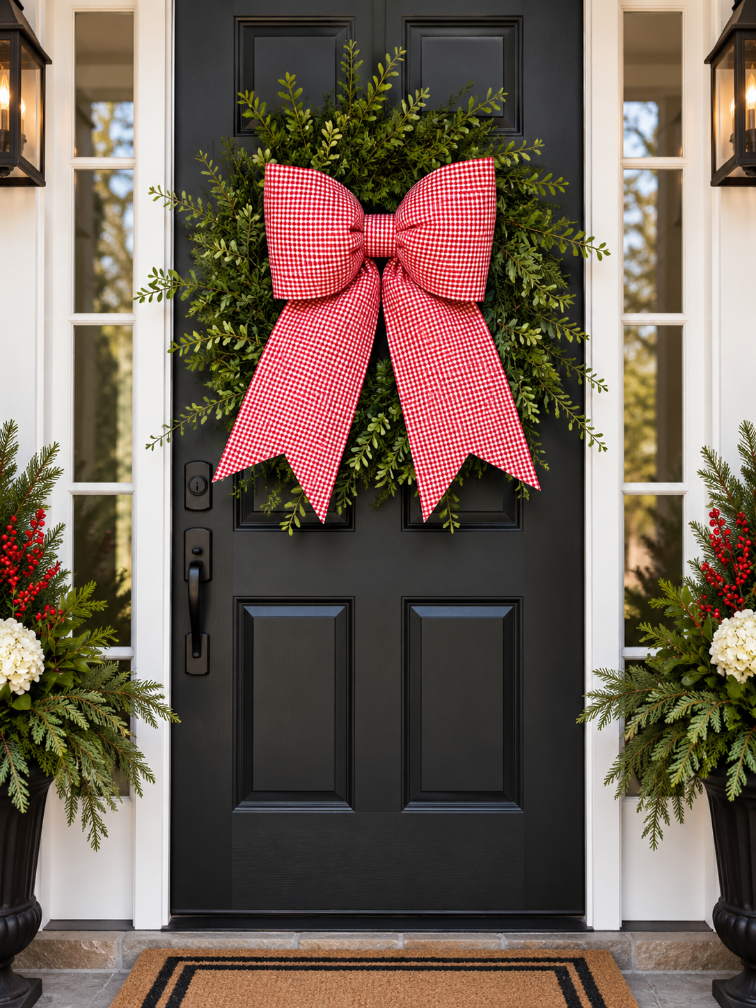 Red & White Gingham Christmas Bow | Handmade Cotton Fabric Wreath Bow | Farmhouse Front Door Decor
