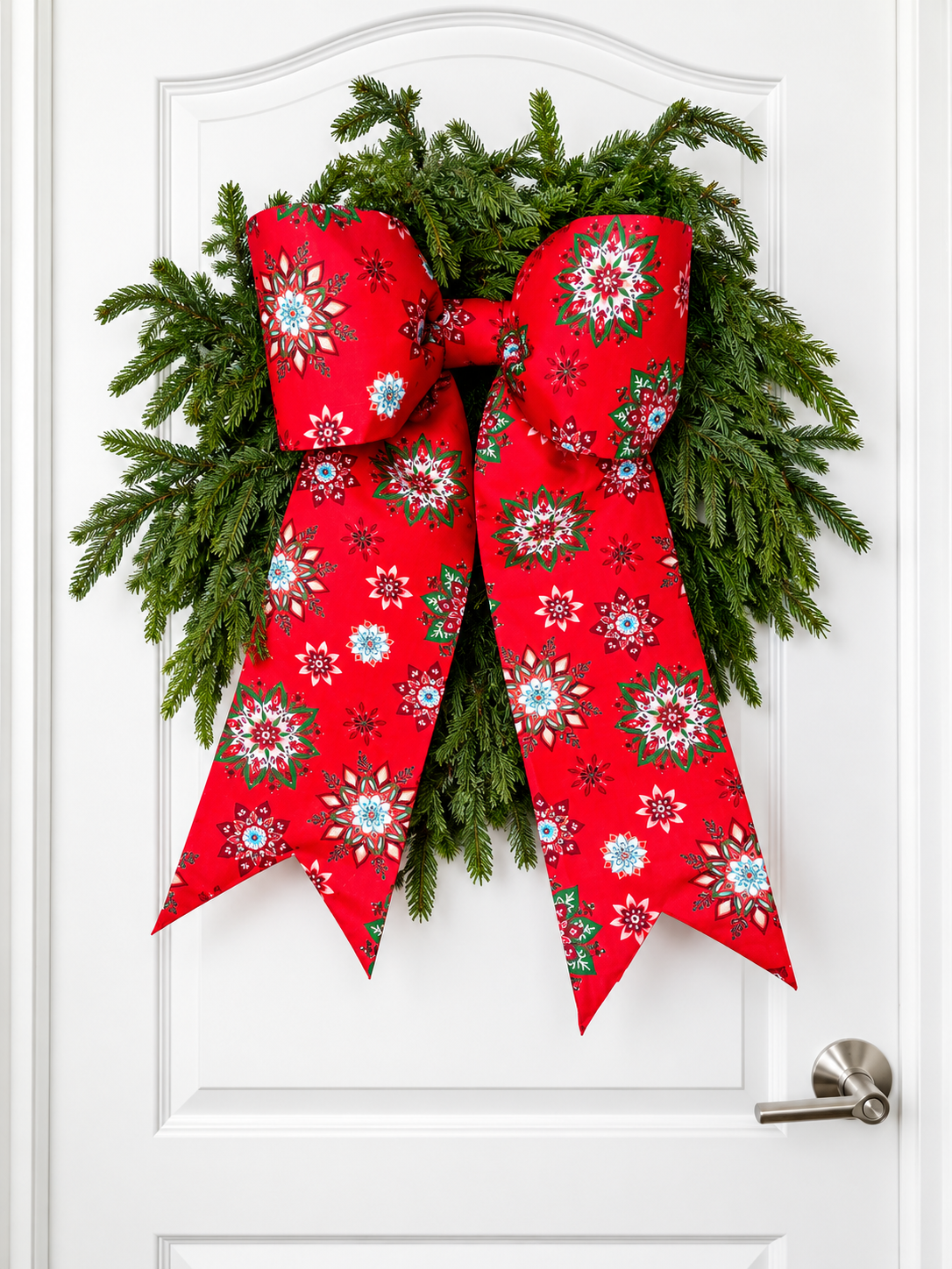 Cream Christmas Snowflake Bow | Handmade Cotton Fabric Wreath Bow | Optional Coordinating Ribbons