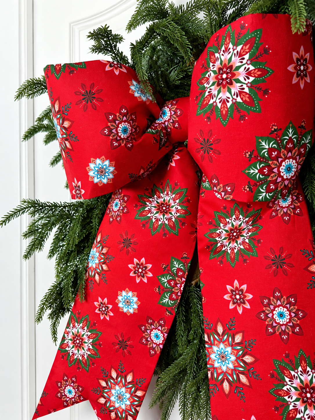 Cream Christmas Snowflake Bow | Handmade Cotton Fabric Wreath Bow | Optional Coordinating Ribbons