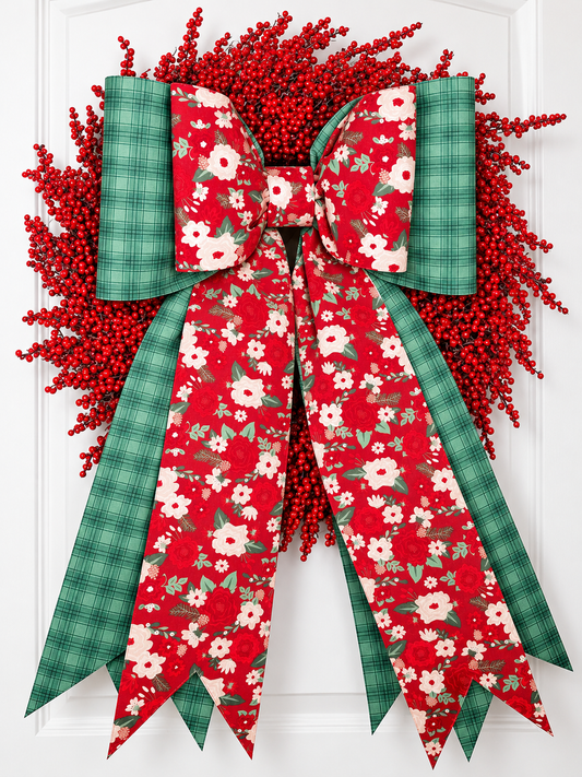 Christmas Rose & Evergreen Plaid Bow | Oversized Handmade Christmas Wreath Bow | Double Mega & Grand