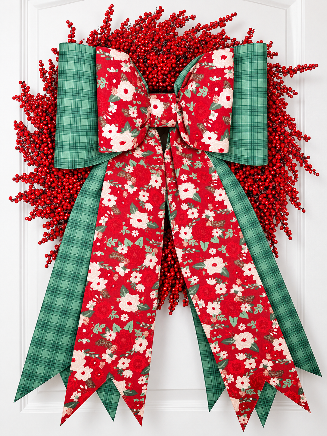 Christmas Rose & Evergreen Plaid Bow | Oversized Handmade Christmas Wreath Bow | Double Mega & Grand