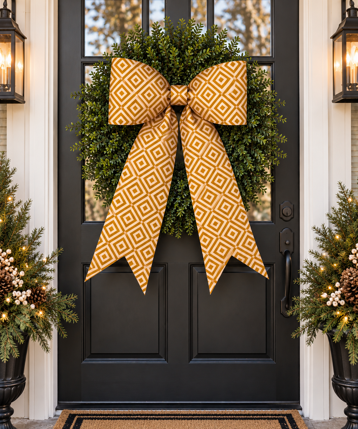Caramel Geometric Bow – Long Grand Size Wreath Bow for Fall, Christmas & Beyond (20” x 26”)