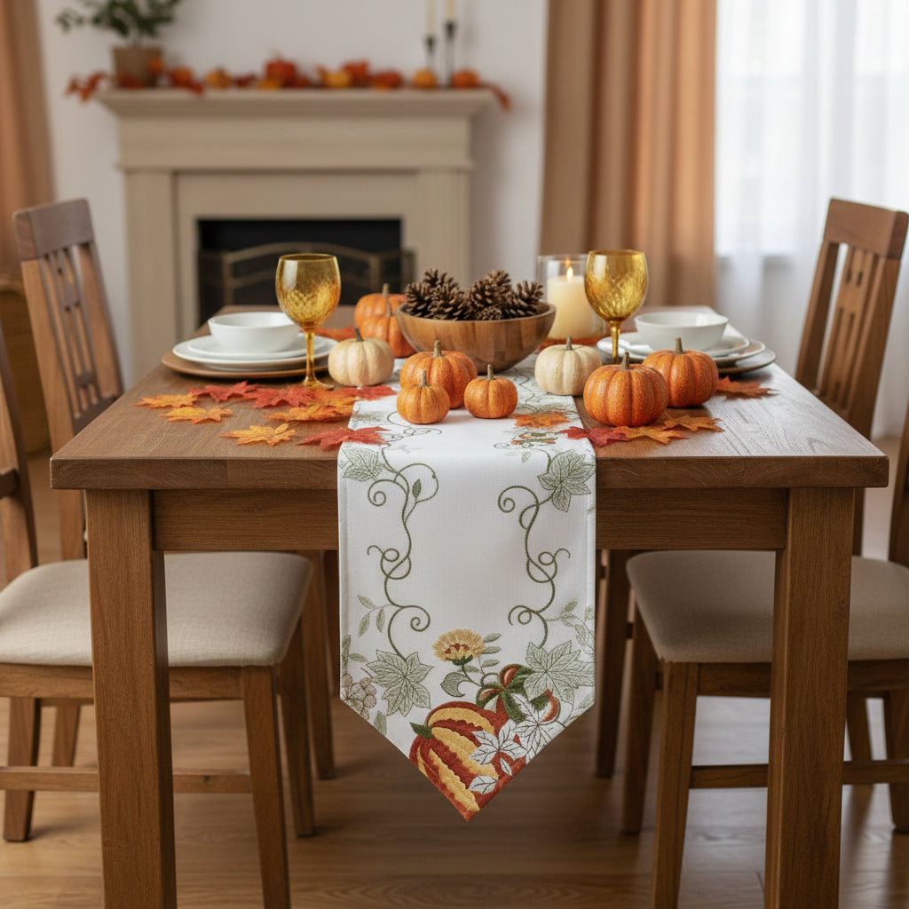 Fall Pumpkin Embroidered Table Runner & Topper Collection – Autumn Dining Decor
