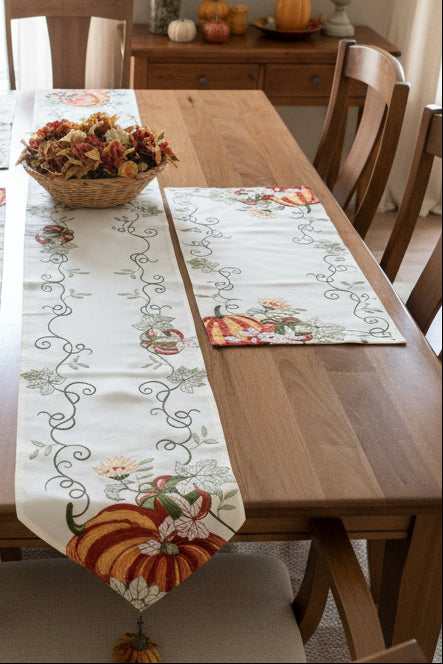 Fall Pumpkin Embroidered Table Runner & Topper Collection – Autumn Dining Decor