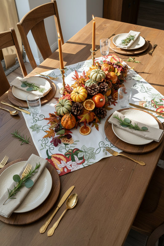 Fall Pumpkin Embroidered Table Runner & Topper Collection – Autumn Dining Decor