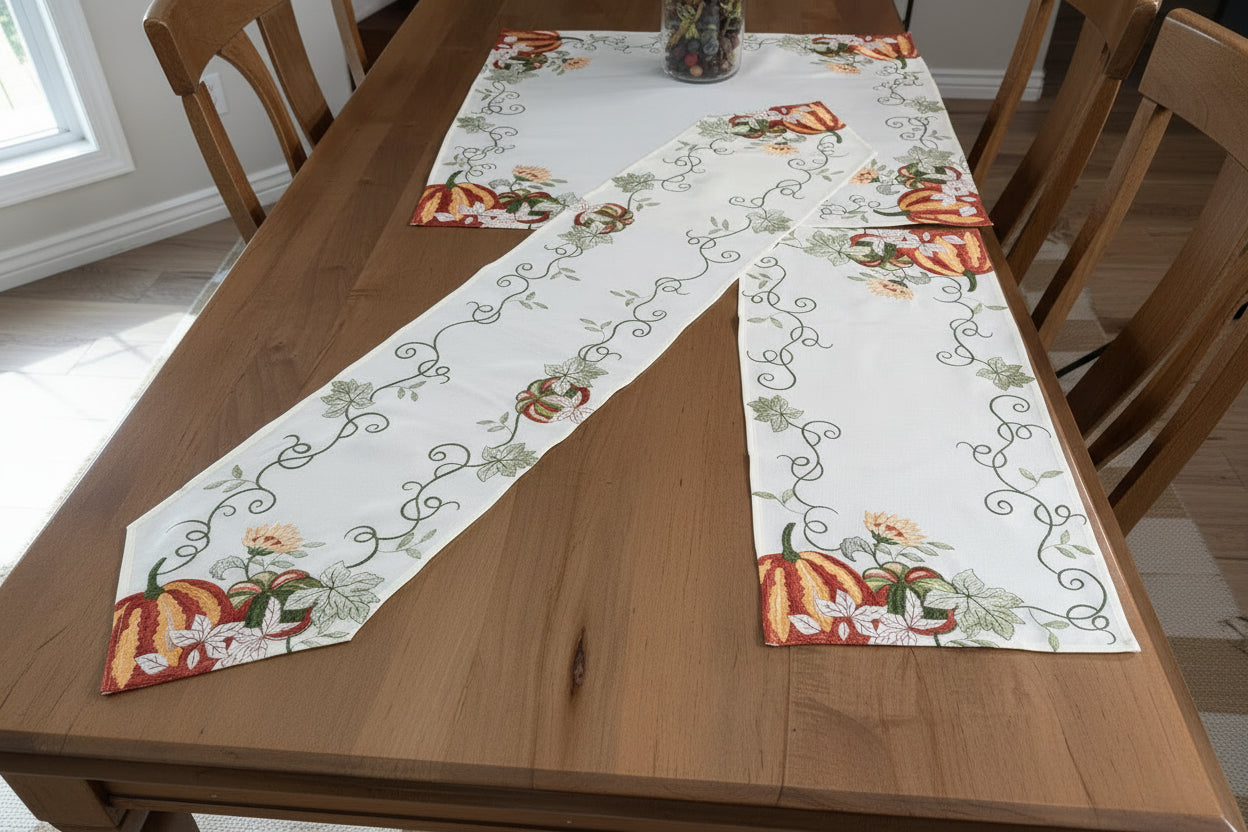 Fall Pumpkin Embroidered Table Runner & Topper Collection – Autumn Dining Decor