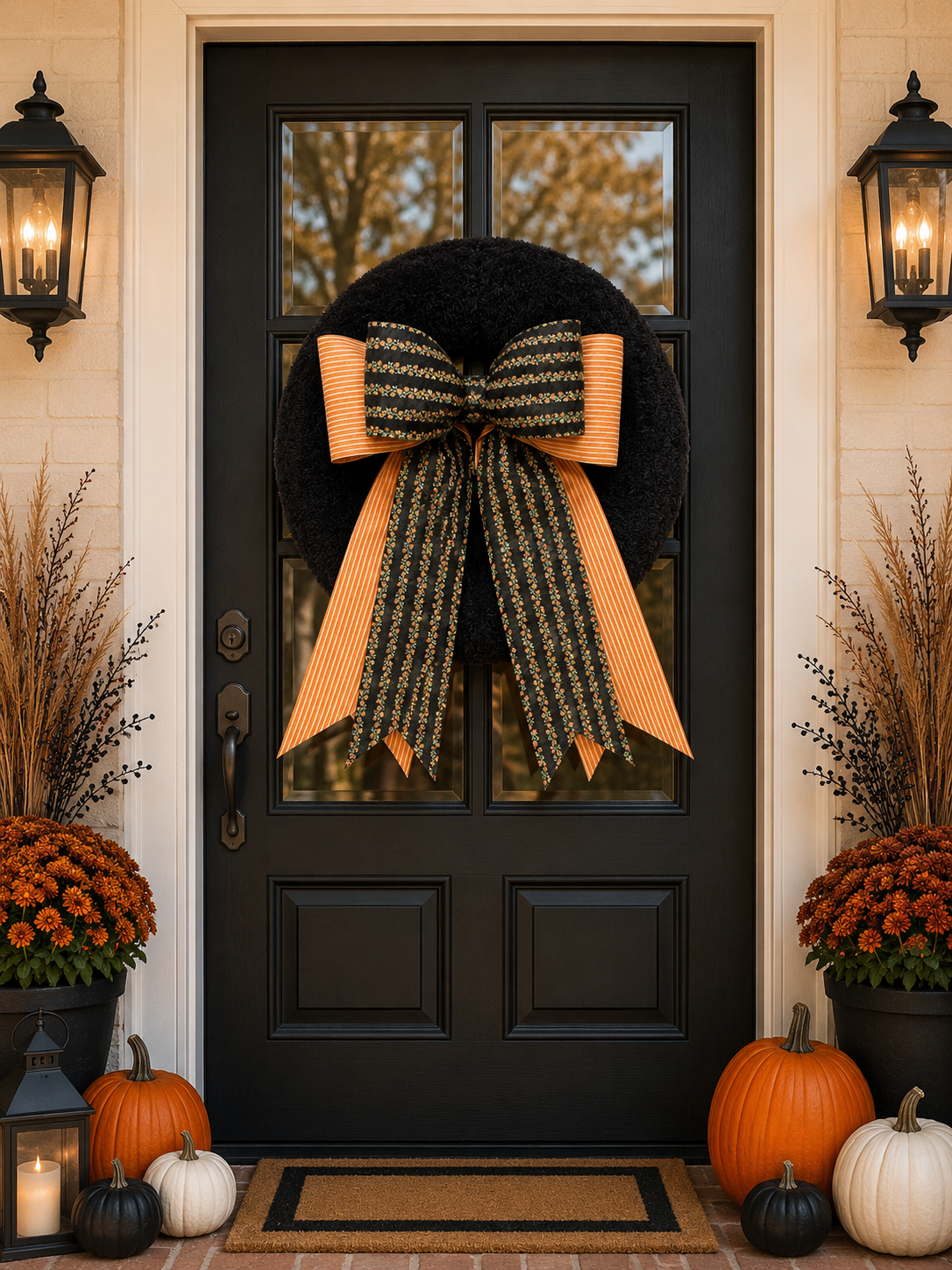 Mini Jack-o’-Lantern Halloween double Bow – Black & Orange Front Door Decor, Wreath Bow, Classy Pumpkin Halloween Decor |Free shipping