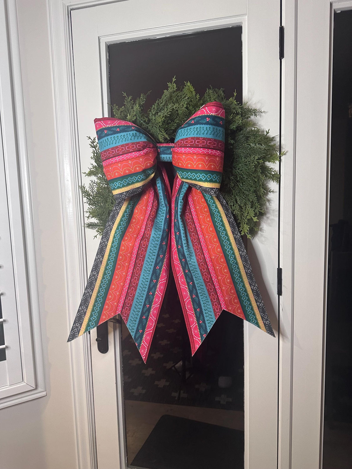Candy Cane Christmas Ribbon Bow | Colorful Handmade Cotton Fabric Wreath Bow | Oversized Holiday Door Decor