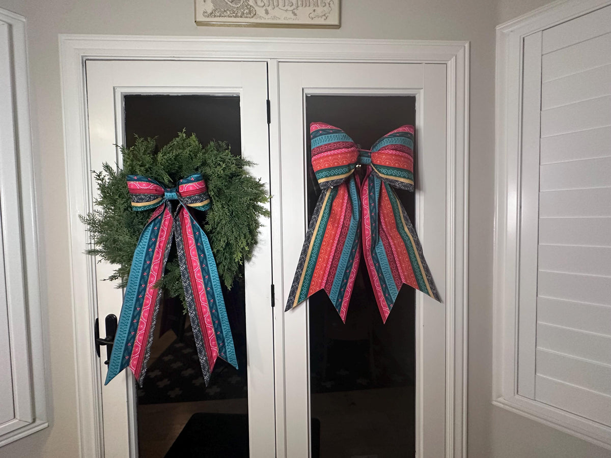 Candy Cane Christmas Ribbon Bow | Colorful Handmade Cotton Fabric Wreath Bow | Oversized Holiday Door Decor
