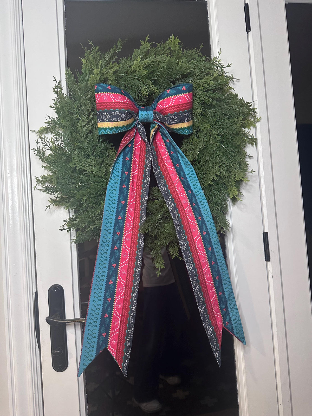 Candy Cane Christmas Ribbon Bow | Colorful Handmade Cotton Fabric Wreath Bow | Oversized Holiday Door Decor