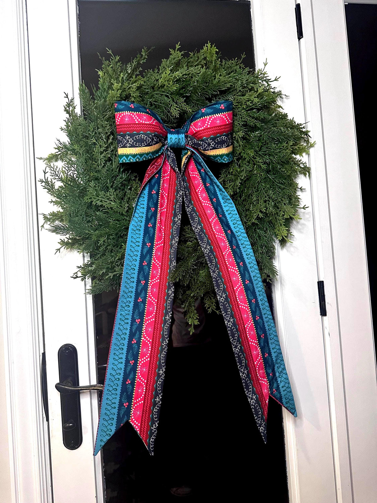 Candy Cane Christmas Ribbon Bow | Colorful Handmade Cotton Fabric Wreath Bow | Oversized Holiday Door Decor